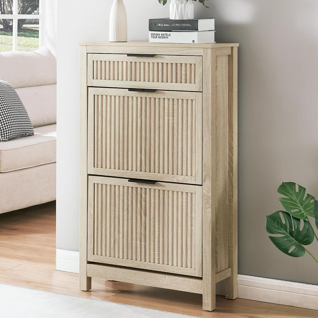 2 Flip Drawers Shoe Cabinet Storage for Entryway, Narrow Shoes Organizer Cabinet for Front Door Entrance, Hidden Wooden Hallway Shoe Rack(Oak)