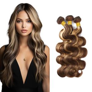 P4/613 Human Hair Highlight Brown Bundles Ombre Blonde Body Wave Human Hair Bundles Brazilian Human Hair Double Weft Soft And Silky Remy Hair Extensions for Black Women 10 12 14 Inch