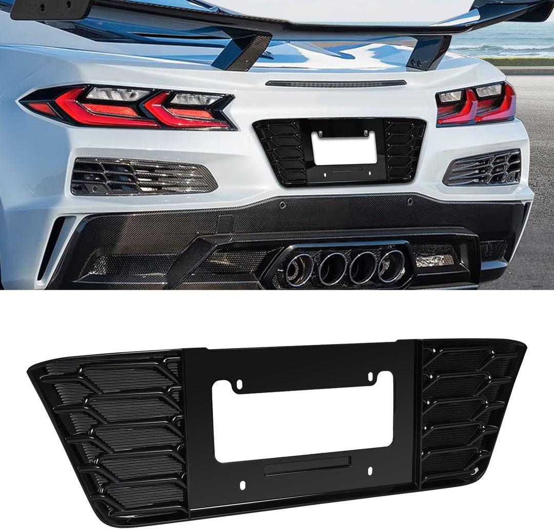 Black Rear License Plate Frame,ABS Plastic Rear Trunk License Plate Base Frame Grill Vent Insert Cover Trim Protector Accessories for Corvette C8 Z06 2023+ and for C8 E-ray 2024+