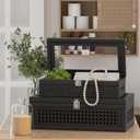 Rattan Decorative Box,Boho Display Boxes with Lids,Set of 2 Rectangular Wicker Storage Decoration,Natural Woven Cane Bins for Home Decor for Rustic Farmhouse(Black)