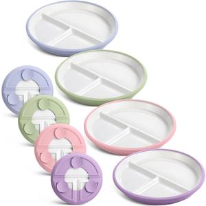 Domensi 4 Set 8 Inch Large Porcelain Kids Plates with Suction Divided Ceramic Toddler Plate with Anti-slip Silicone Sleeve Detachable Design Microwave Dishwasher Safe for Children Baby(Vibrant Color)