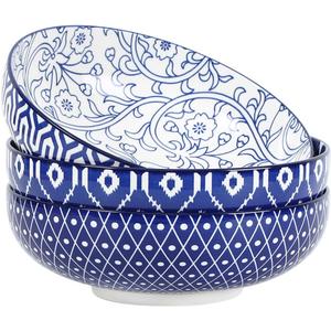 Selamica 9.5" Serving Bowls, 60 OZ Large Salad Bowls Set of 3 for Entertaining Party, Ceramic Bowls for Kitchen, Pasta, Soup, Dinner, Vintage Blue