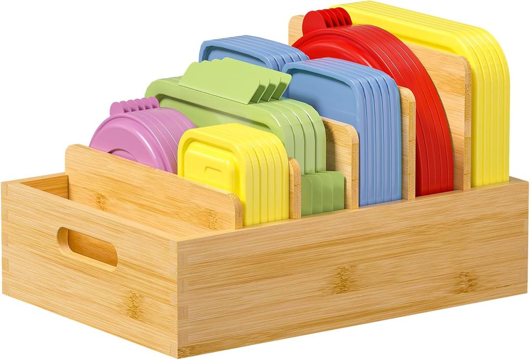 Bamboo Lid Organizers Inside Cabine, Kitchen Cabinet Organizer with 5 Adjustable Dividers, Food Container Plastic Holders for Drawer Pantry, Nature