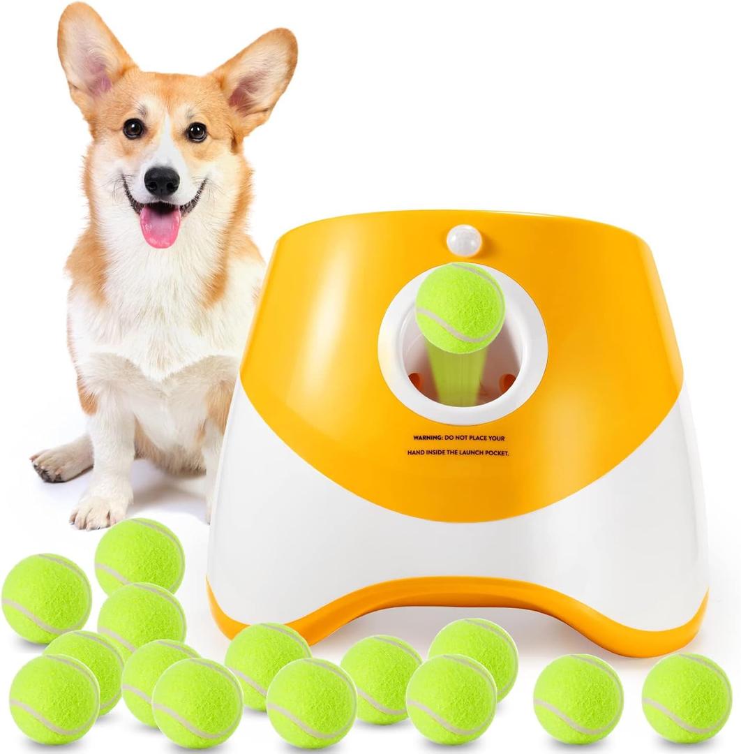 Automatic Dog Ball Launcher With 15 Mini Tennis Balls and Mesh Bag - Interactive Toy Thrower for Small Dogs, 3 Distance Settings (Orange)