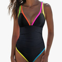 popvil Women's One Piece 2025 Tummy Control Swimsuits Neon Color Block Swimwear Deep V Neck Slimming Bathing Suit, Size M