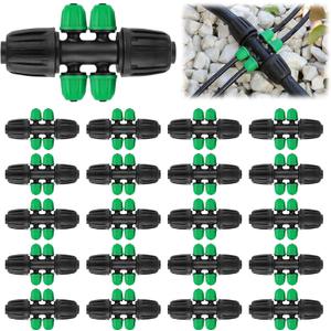 Kalolary 20PCS Locked Barbed Tee Connectors, 1/2 to 1/4 Drip Irrigation Fittings Kit 12/16mm to 4/7mm Tube Lock Female Connector 6-Way Barbed Lock Irrigation Parts for Watering System (Black Green)