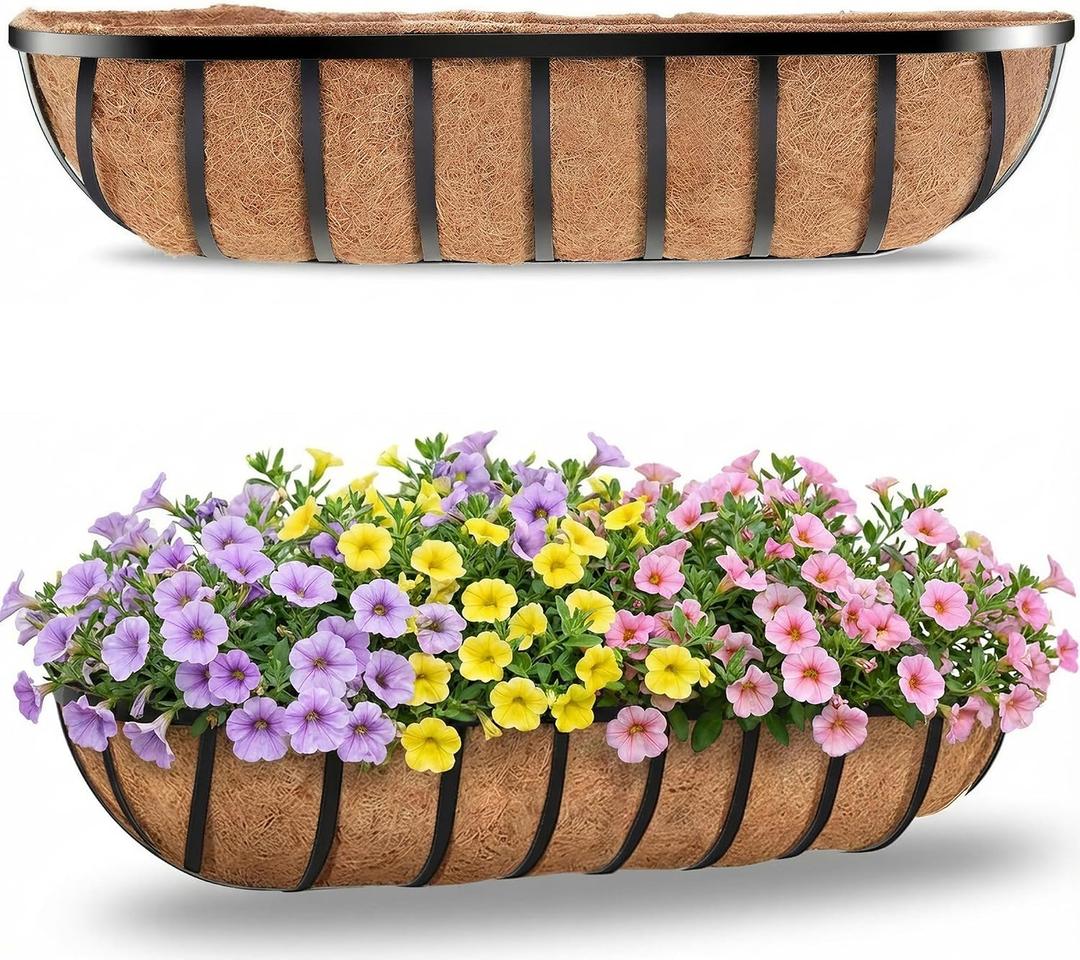 HFHOME 30" Deck Railing Planter Box with Horse Trough Coco Liners, Black Window Box Metal Hanging Flower Planters Baskets for Indoor, Outdoor, Balcony, Porch, Fence, Patio, and Lawn (Set of 2), 30 inches-2P