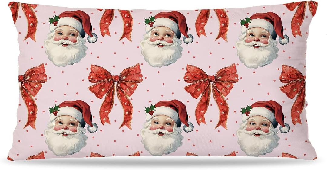 Coquette Pink and Red Christmas Bow Santa Pillow Covers 12x20 Double-Sided, Preppy Christmas Decor, Winter Holiday Stripes Decorative Pillow Covers for Home Bedroom Living Room
