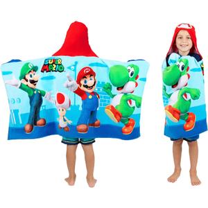 Super Mario Bath/Pool/Beach Soft Cotton Terry Hooded Towel Wrap, 24 in x 50 in, By Franco Kids