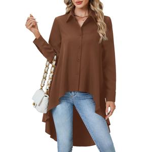 OPOIPIN Women's Button Down Shirt Asymmetrical High Low Hem Blouse V Neck Long Sleeve Tunic Tops Brown Small (S)