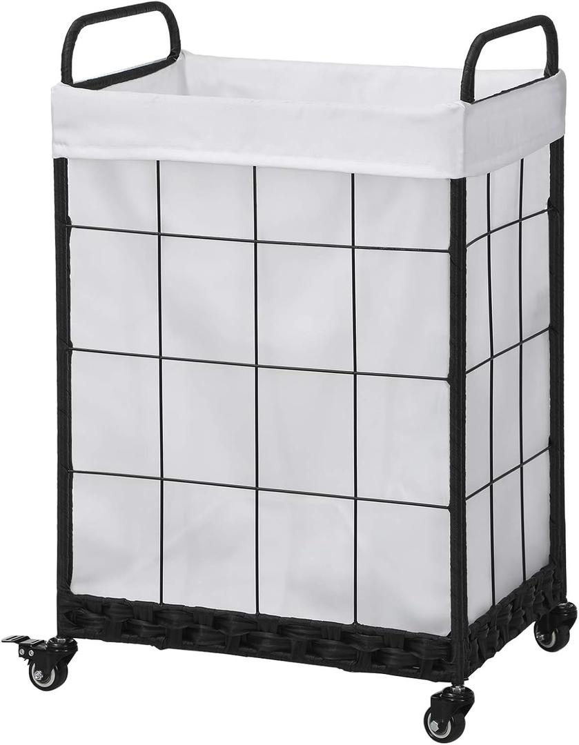 Heavy Duty Laundry Hamper with Lockable Rolling Wheels Durable, Collapsible Laundry Basket Featuring Removable Liner Bag & Metal Handle (White), 100l18.9x14.17x29.06 Inches
