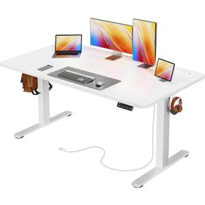 Huuger 55 X 24 Inch Electric Standing Desk with Power Outlets and USB-C Port, Height Adjustable Desk, Sit Stand Desk for Home Office, Computer & Gaming Desk with 3 Presets, Stable Steel Frame, White, 55.1 x 23.6 inch
