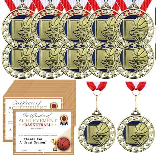 Huquary 12Pcs Basketball Award Medals with 12 Pcs Achievement Award Certificates Team Participation Trophies with Red White Blue Striped Ribbon for Sports Party Favors Team Competitions Trophy Prize