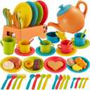 Buyger Play Kitchen Accessories, Play Dishes Plates and Utensils Tea Party Set Food Dessert Toys Gifts for Ages 3 4 5+ Years Old Kids Toddler Children