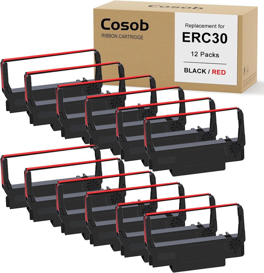 12 Pack ERC30 ERC30 Black and Red ERC-30 ERC30/34/38 Ribbon Compatible with Epson TM-U220 M188B ERC30 ERC34 ERC38 NK506 Printer
