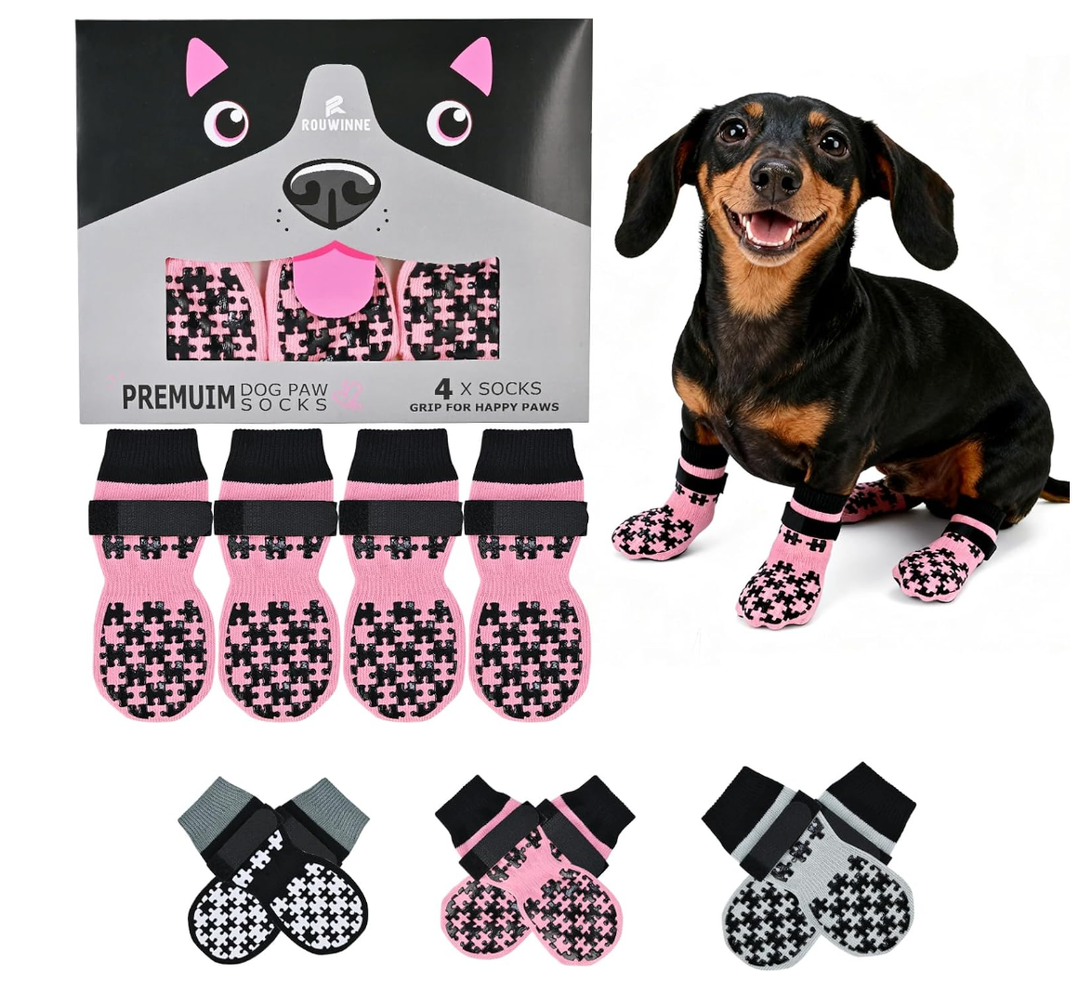 Anti Slip Dog Socks to Prevent Licking Paws  Double Side Paw Covers Dogs Grip Sock for Hardwood Floors, No Twist Dog Booties Grippy Socks for Small Medium Large Senior Dogs, Dark Grey and Pink, S