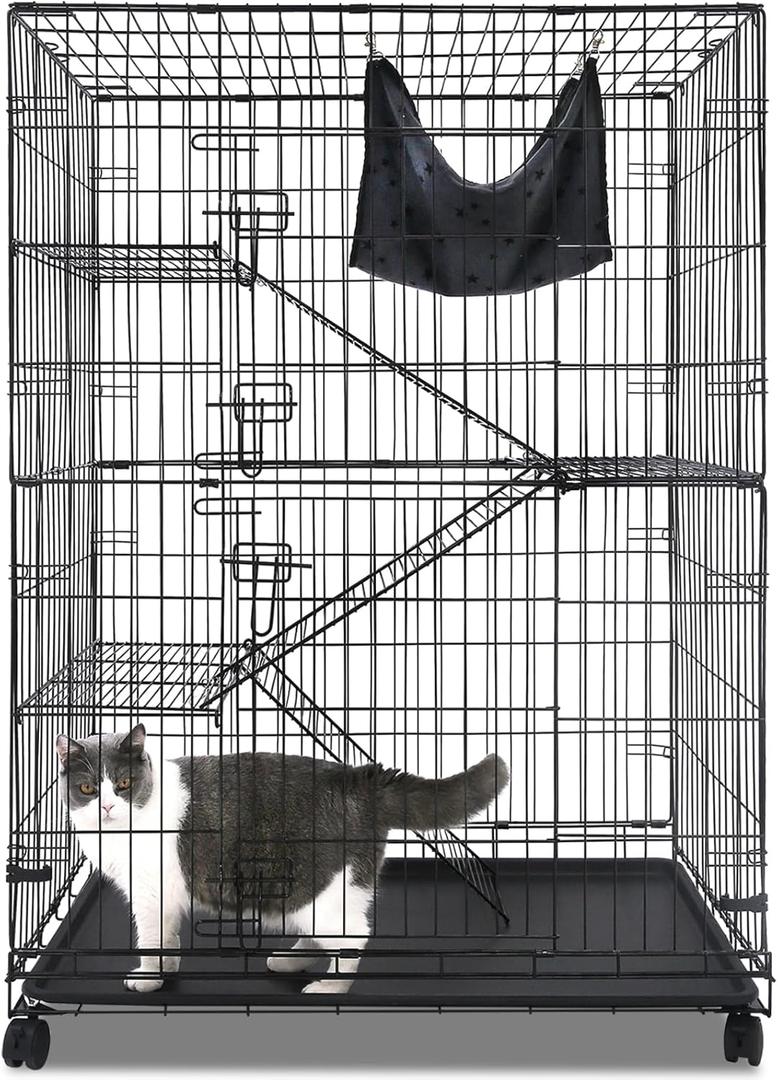 Homey Pet 50 Inch Cat Crates for Indoor Cats, Large 4-Tier Cat Cages Indoor, Collapsible Metal Wire Cat Kennel Big Multi-Level Cat Cage for Adult Cats Kitten Kitty with Hammock, Ramp, 360 Wheels