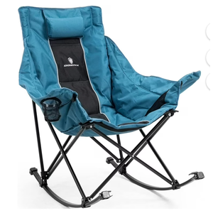 Dowinx Oversized Rocking Camping Chair, Fully Padded Patio Chair with Side Pocket and Carry Bag, High Back Portable Lawn Recliner with Headrest, Support 300 lbs, Blue