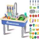 deAO Play Kitchen Toy Sink Toys with Cutting Food,Dishwasher Playing Toy with Running Water, Role Playing Game Pretend Food,44 PCS Kitchen Accessories Set for 3 4 5 Years Old Girls Boys Blue