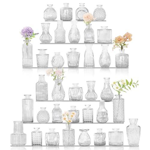29Pcs Bud Vases Set Small Vintage Glass Bottles Clear Bud Vases in Bulk Multiple Shape Cute Glass Vases for Rustic Wedding Centerpieces Table Decorations and Home Decor(Clear)