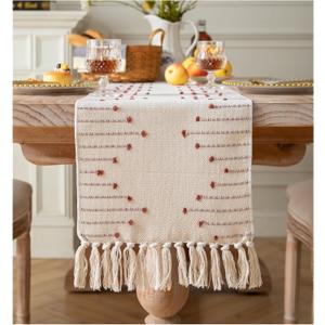 Caflife Boho Table Runner 13 x 90 Inch Long Natural Cotton Woven Runner with Tassels for Fall Home Dining Table dcor, for Modern Farmhouse Decor Coffee Table Runner, Rust and Beige