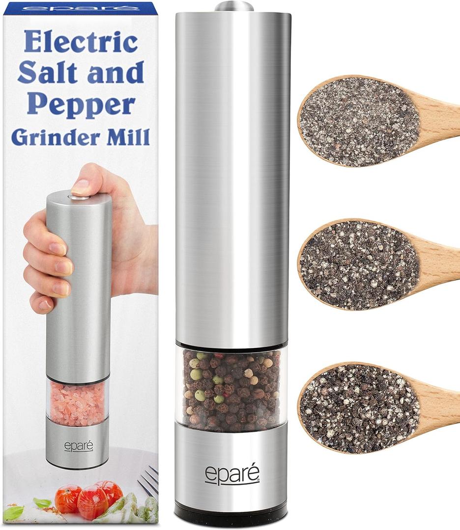 Electric Salt and Pepper Grinder Mill - Battery Operated Ceramic Burr Pepper Grinder Refillable - Automatic Stainless Steel Salt and Pepper Grinders - Pepper Mill Grinder With LED Light by Epar (Stainless Steel)