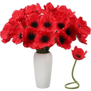 Censen 42 Pcs Artificial Poppy Flowers Bulk PU Silk Poppy Flowers 11 Inch Anemone Stems Artificial Floral Table Centerpiece Decor for Halloween Wedding Home Party Veterans Supplies(Red)