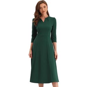 Allegra K Women's 3/4 Sleeve Dresses V Neck Elegant A-Line Work Business Formal Midi Dress with Pockets, Size XL 