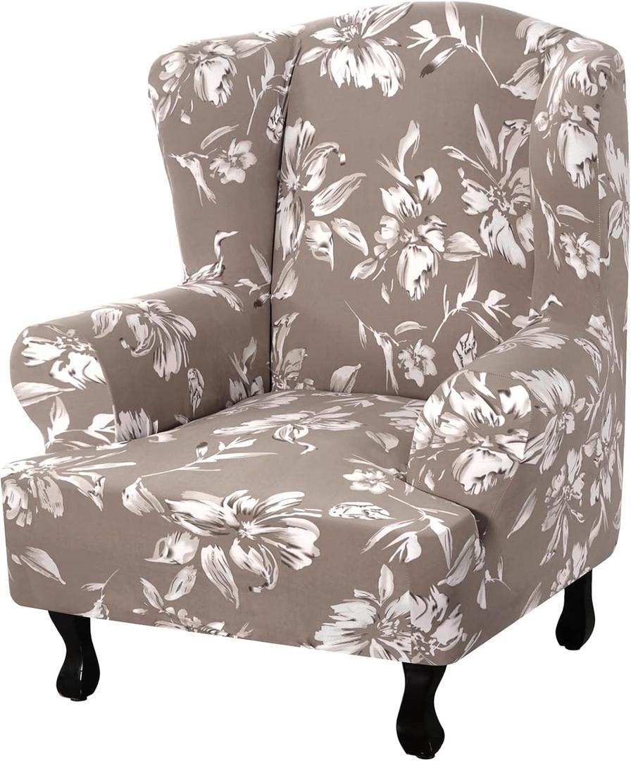 Floral Printed Fleece Wingback Chair Slipcover - 1-Piece Super Stretch Wing Chair Cover, Elastic Bottom for Easy Fit, Modern Style Furniture Protector (Taupe)