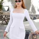 DAAWENXI Women's Long Sleeve Mini Dress Square Neck Halter A Line Party Club Short Dresses with Pocket (White, S)