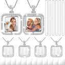 Junkin 24 Pcs Diamond Square Sublimation Rhinestone Trays Pendant Set Including 6 Double Sided Blank Rhinestone Bezel Trays 6 Pcs Thick Chains with 12 Sublimation Discs for Making (Silver)