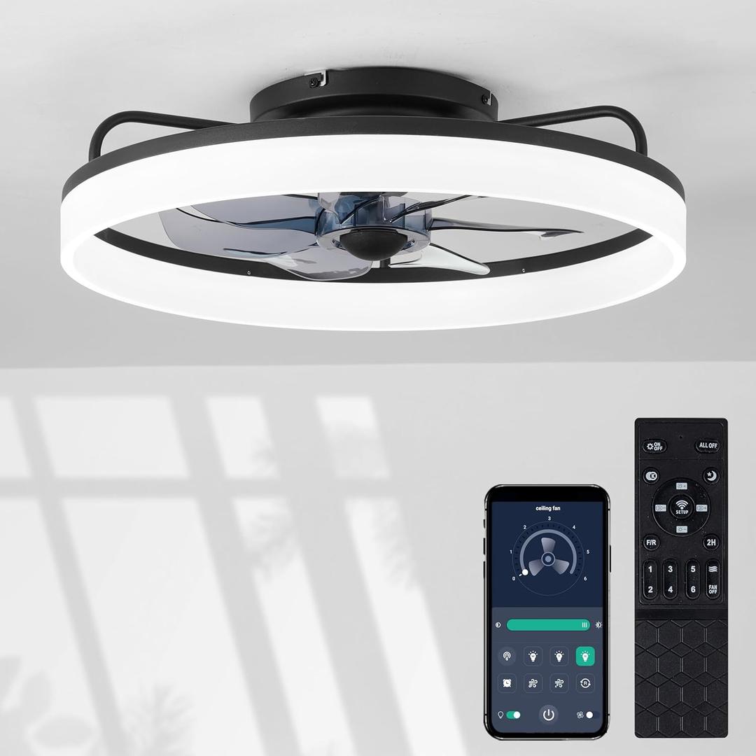 zouzai Low Profile Ceiling Fans with Lights and Remote, Fandelier Ceiling Fan Flush Mount, 3000K-6500K Smart Bladeless LED Fan Light, Black Modern Ceiling Fans with Lights for Bedroom (Style 4)