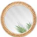 15 Inch Boho Round Hanging Wall Mirror Decorative Rattan Circle Wall Mounted Mirror for Farmhouse, Living Room, Bedroom, Bathroom, Boho Nursery Decor for Girl