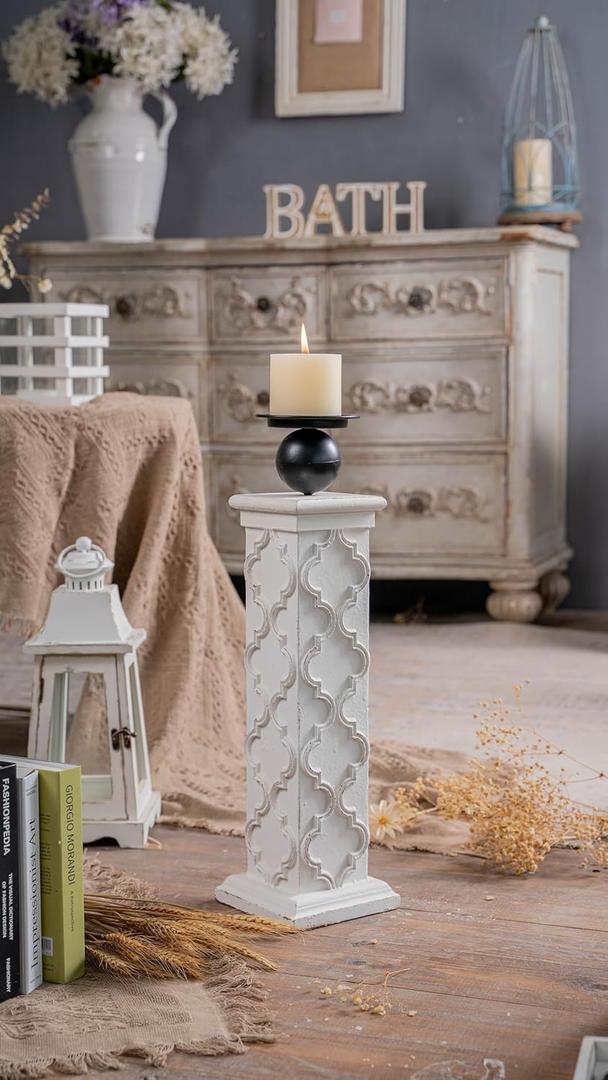 SOFE Antique White 21 Inch Tall Floor Candle Holders - Wood Pillar Candle Holder - Distressed Finish Wooden Large Candle Holders - Farmhouse Elegant Decor Accents for Wedding Home Decor