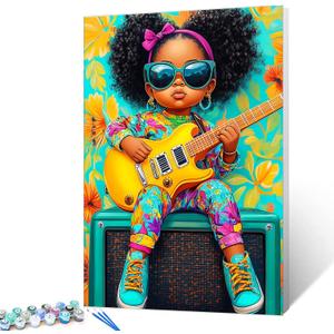 Tucocoo Electric Guitar Little Girl Paint by Numbers Kits 16x20 inch Canvas DIY Oil Painting for Adults with Brushes and Acrylic Pigment Black Girl Music Art Picture for Home Decor (Without Frame)