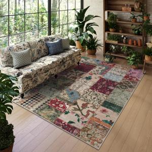 LIVEBOX Washable Area Rugs 5x7, Soft Boho Rugs for Living Room, Low Pile Non-Shedding Room Rugs for Bedroom, Vintage Bohemian Patchwork Area Rug for Dining Room Office Nursey Room (5 x 7, Red/Multi)