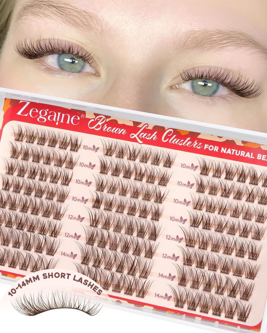 Short Brown Lash Clusters 10-12-14MM Clear Band Wispy Eyelash Clusters Natural Cluster Eyelash Extensions D-Curly Short Lashes Clusters Brown Wispy Cluster Lashes Natural Look 144Pcs by Zegaine