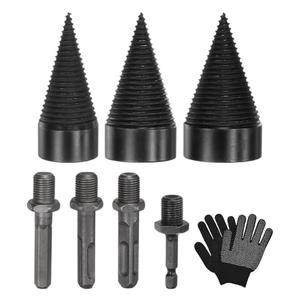 M METERXITY 3-Pack Wood Splitter Drill Bit 38mm + 45mm + 50mm + 4 Handles (Square+Round+Hex Shank+Small Hex) Firewood Log Splitter Drill Bit with Gloves for Outdoor/Stove/Farm[Black+Grey], Missing Pieces & Gloves