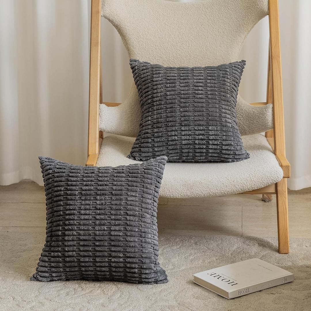 Home Brilliant Striped Pillow Covers 24x24 Soft Plush Corduroy Throw Pillows for Couch Gray Square Decorative Euro Shams for Bedroom Sofa Bench Chair Car Decor, Set of 2, 24 x 24 inch, Dark Grey