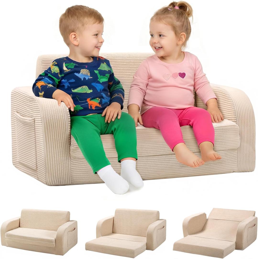 little dove 3-in-1 Extra Wide Convertible Kids Couch, Flip Open Kid Sofa, Machine-Washable Kid Couch for Girls, Kids Sofa for Fun Playtime, Beige,Corduroy