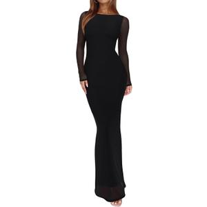 REORIA Women's Spring Mesh Sheer Long Sleeve Wedding Guest Dress Sexy Floral Bodycon Maxi Long Dresses (Black Onyx) XL