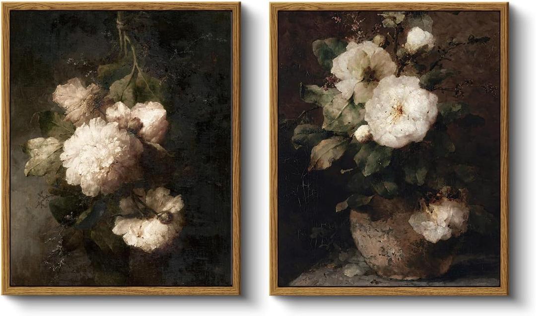 VIYYIEA 2 Pcs Framed Wall Art, Retro White Vintage Floral Paintings Farmhouse Decor, Canvas Prints Artwork, Country Still Life Wall Pictures for Bathroom Bedroom Kitchen Shelf,9x11inch,Set of 2, 11"L x 9"W