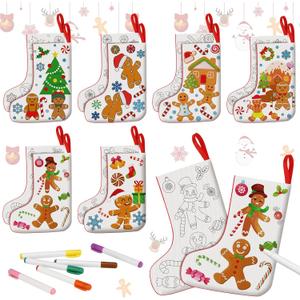 Zhanmai 12 Pcs Color Your Own Christmas Stockings with 24 Pcs Pens DIY Christmas Stocking Crafts Kit Xmas Stockings Gift for Kids Adults Family Holiday Party Decoration (Gingerbread Man)