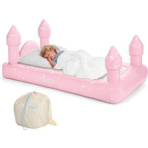 FUNBOY Kids Pink Castle Sleepover Travel Bed & Air Mattress. Perfect for Sleepovers. Includes Carrying Storage Bag, Twin (Single)