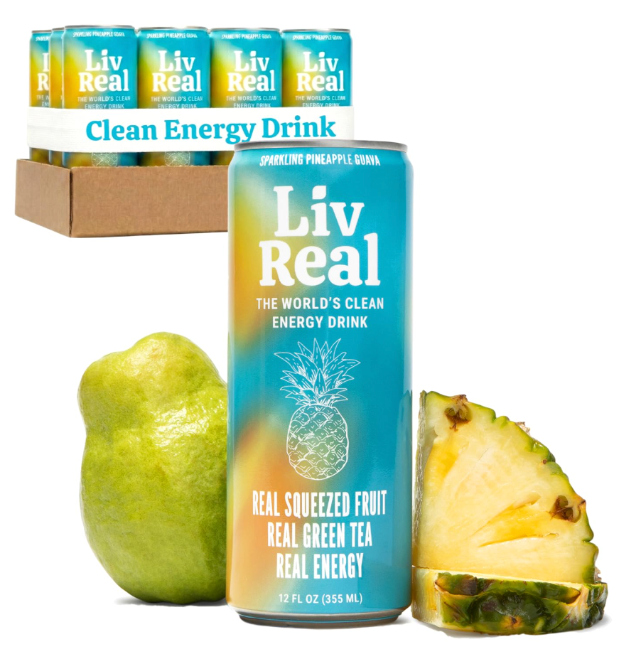LivReal Clean Energy Drink – Organic Green Tea Caffeine 125mg + L-Theanine 100mg – Real Fruit, No Sweeteners or Flavorings – Vitamin C & B Complex – Sparkling Pineapple Guava Water – 12 Pack, 12 fl oz, BB 03-09-26