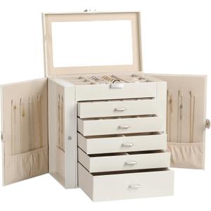 Frebeauty Large Jewelry Box,6-Tier PU Leather Jewelry Organizer,Multi-functional Storage Case with Mirror,Accessories Holder with 5 Drawers for Necklace Bracelets Watches(Pearl White)