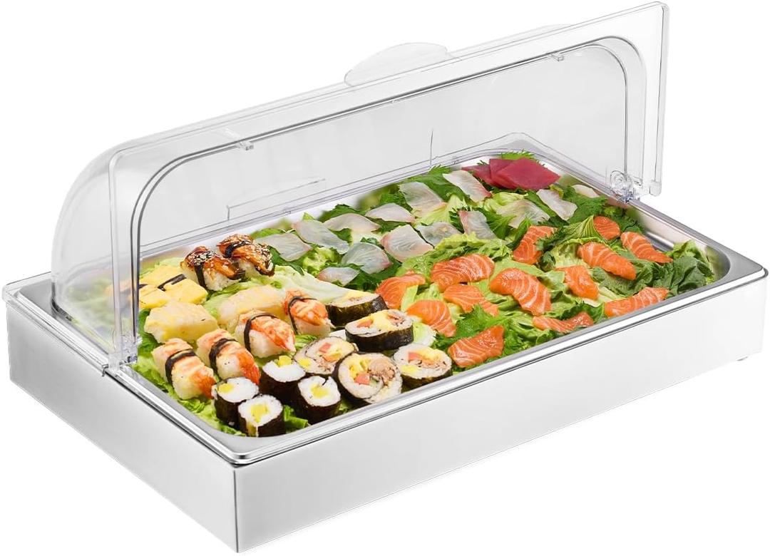 VEVOR Countertop Food Serving Display Container, 1 x 1 Pan Stainless Steel Food Serving Tray, Buffet Condiment Dispenser Display Rack with Clear Lid & 3 Ice Trays, for Restaurant Hotel Kitchen Party