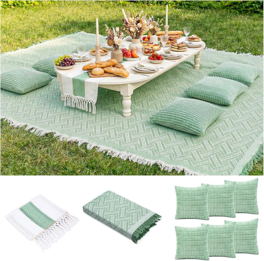 Extra Large Outdoor Boho Picnic Blanket with Table Runner and 6 Throw Pillows Covers for Outdoor Essentials Beach Accessories Basket Set Oversized Manta Yard Outside Mat Wedding Party Decor Sage Green