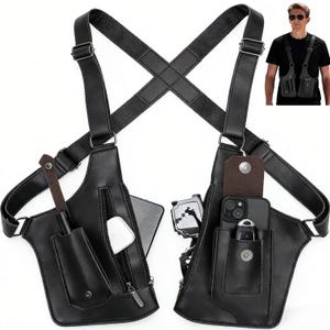 Double Shoulder Armpit Bag for Men, Fashion Leather Double Shoulder Straps Holster Wallet Adjustable Oxford Cloth Underarm