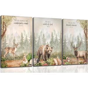 3Pcs Woodland Animal Nursery Wall Art Wild Animals Forest Posters Prints Deer Bear rabbit Christian Canvas Wall Decor for Boys Room Girls Room painting pictures Framed, 16"L x 24"W